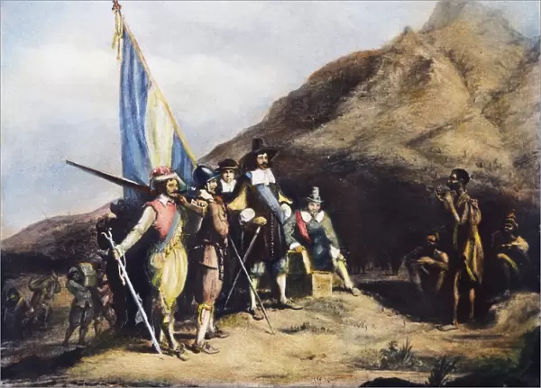 SOUTH AFRICA, 1652. The landing of Jan van Riebeeck at Table Bay, South Africa in 1652