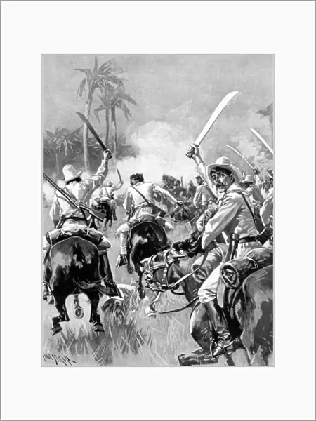 CUBA, 1896. Insurgent rebel cavalry armed with machetes charging Spanish regulars