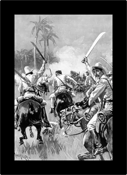 CUBA, 1896. Insurgent rebel cavalry armed with machetes charging Spanish regulars