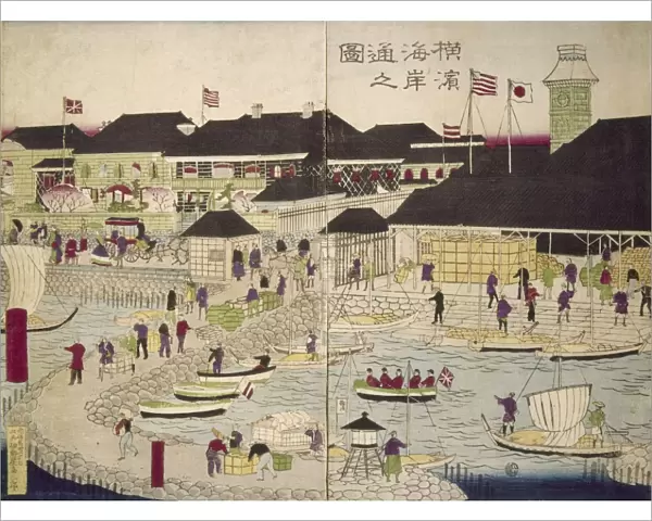 JAPAN: YOKOHAMA, 1861. View of the docks at Yokohama. Woodblock print, 1861, by Ando Hiroshige