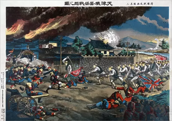 BOXER REBELLION, 1900. British and Japanese troops engaging Boxer forces in battle at Tianjin