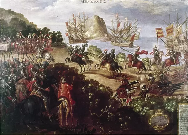 CORTEZ LANDING, 1519. Hernando Cortes landing at Veracruz, spring 1519. Mexican painting