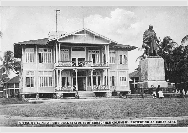 PANAMA: OFFICE, c1910. Office building in Panama City, with a statue of Christopher