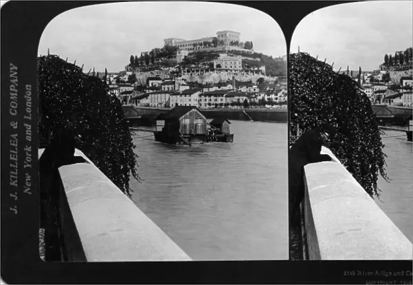 ITALY: VERONA, 1902. The Adige River and San Pietro Castle in Verona, Italy. Stereograph