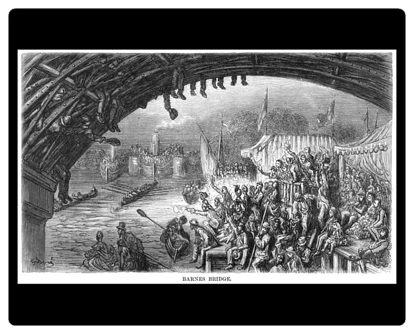 DORE: LONDON: 1872. Barnes Bridge. Spectators at a boat race on the Thames River