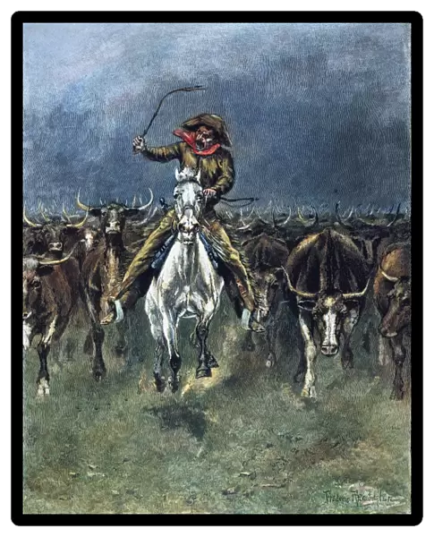 REMINGTON: STAMPEDE. In a Stampede. Illustration, 1888, by Frederic Remington