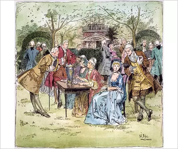 NEW ENGLAND: TEA PARTY. An outdoor tea party in 18th century colonial New England