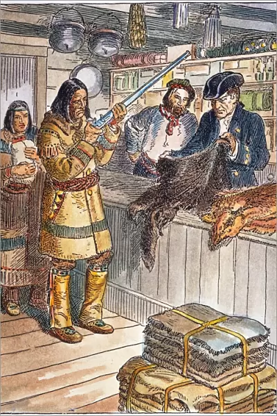 FRONTIER TRADING POST, 1785. A Native American trading fur for guns at a frontier trading post