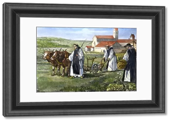 MONKS. Medieval Cistercian monks farming their land, after a nineteenth-century