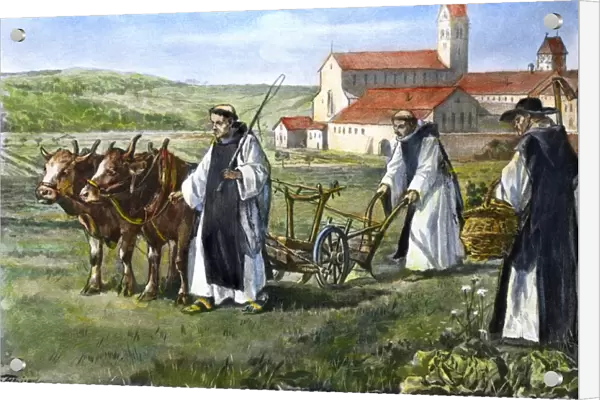 MONKS. Medieval Cistercian monks farming their land, after a nineteenth-century