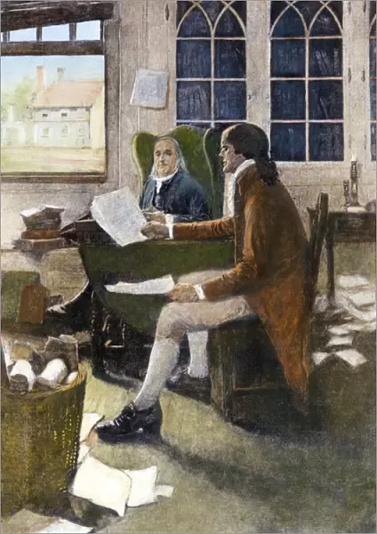 DECLARATION OF INDEPENDENCE, 1776. Thomas Jefferson reading his rough draft of