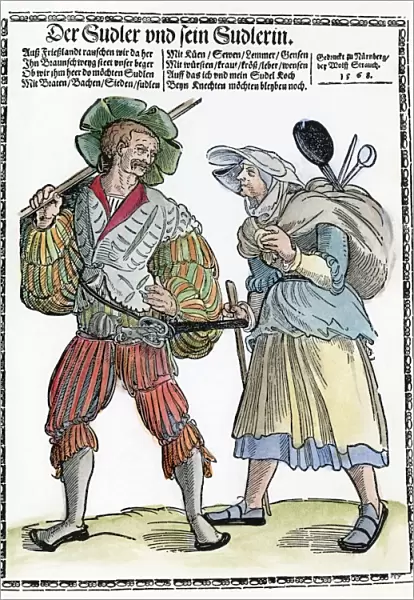 GERMAN MERCENARY, 1535. A lansequenet (mercenary) and his companion. German woodcut