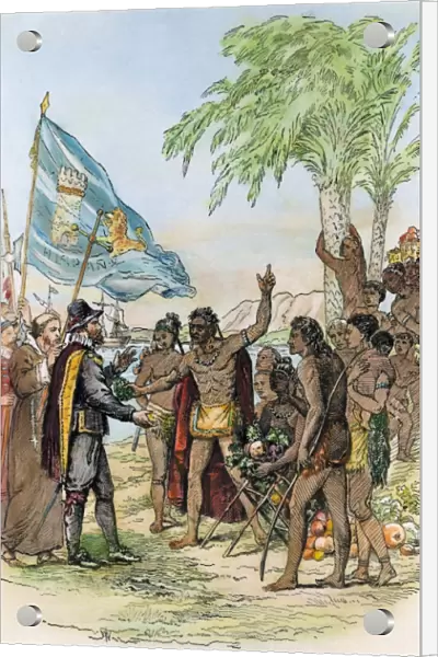 COLUMBUS: CUBA, 1492. A native Indian cacique of Cuba greeting Christopher Columbus in 1492