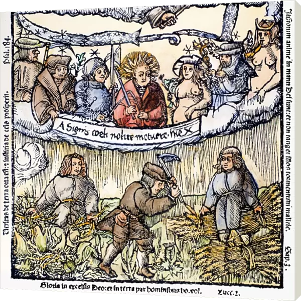 PLANETS AND FARMERS, 1524. The seven planets as protectors of farmers. Woodcut by V