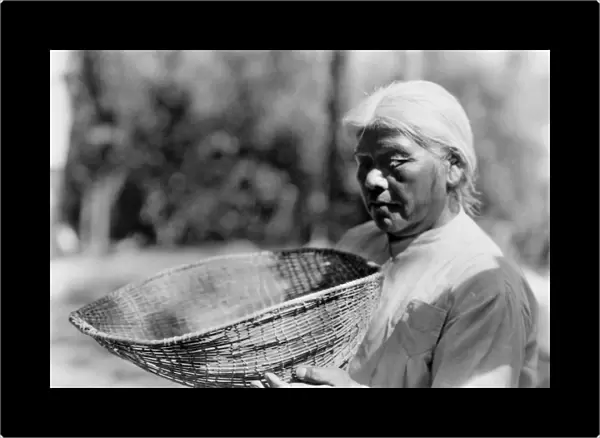 CALIFORNIA: MIWOK WOMAN. A Miwok woman holding a sifting basket