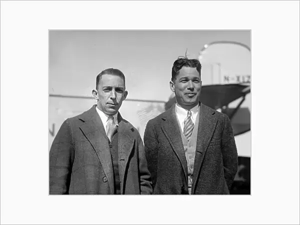 AVIATORS, 1927. American aviators Noel Davis and Stanton H. Wooster. Photograph