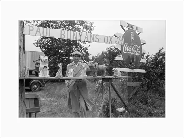 ROADSIDE STAND, 1939. Stand selling Paul Bunyan memorabilia near Bemidji, Minnesota