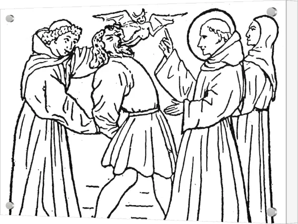 EXORCISM. A medieval saint exorcising a demon. Woodcut