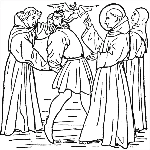 EXORCISM. A medieval saint exorcising a demon. Woodcut