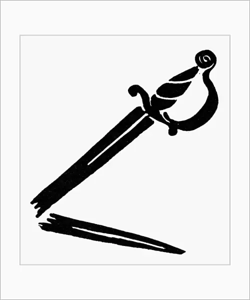 SYMBOL: DEFEAT. Broken sword, a symbol for defeat. Woodcut