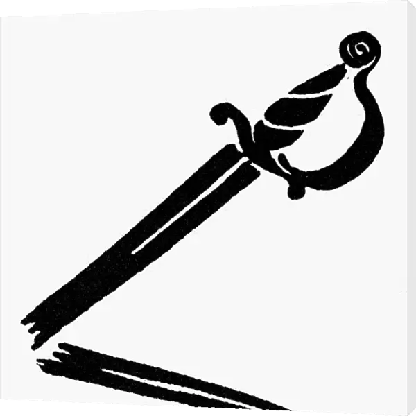 SYMBOL: DEFEAT. Broken sword, a symbol for defeat. Woodcut