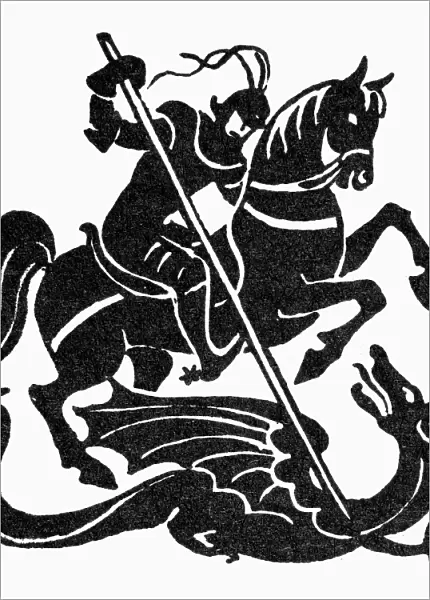 SAINT GEORGE AND THE DRAGON. Symbol of courage. Woodcut