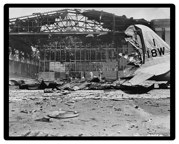 WORLD WAR II: HICKAM FIELD. Wreckage of a hangar at Hickam Field, Hawaii, after