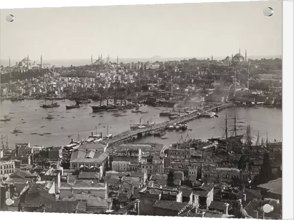 CONSTANTINOPLE, c1876. Aerial view of the Golden Horn showing the Galata Bridge in Constantinople