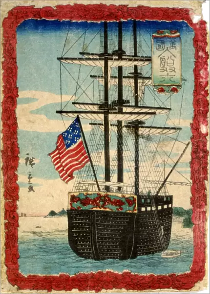 JAPAN: WESTERN SHIP, c1855. A ship flying American colors in a Japanese harbor. From a Sugoroku game sheet. Woodcut by Hiroshige Utagawa, c1855