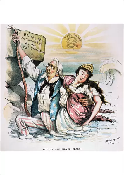 FREE SILVER CARTOON, 1893. Out of the Silver Flood! American cartoon, 1893, by Louis Dalrymple hailing the repeal of the Sherman Silver Purchase Act