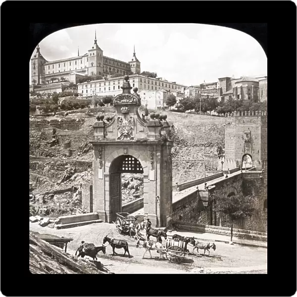 SPAIN: TOLEDO, 1908. The Bridge of Alcantara, spanning the Tagus River and the Alcazar Fortress. Stereograph, 1908