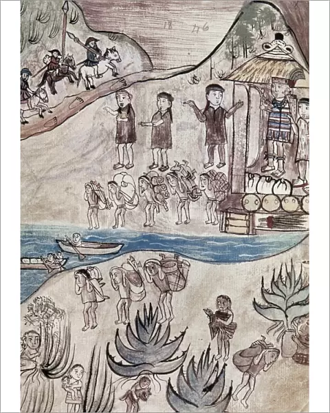 MEXICO: INDIANS, c1500. P urhepecha (Tarascan) Indians of Michoacan Province, Mexico, flee their village shortly before the arrival of Spanish conquistadors. Illustration, early 16th century, from An Account of the Ceremonies and Rites of the Indians of Michoacan Province