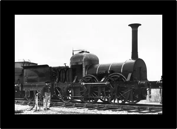 RAILROAD: LOCOMOTIVES. The Lion locomotive, built by the firm of Todd, Kitson, and Laird of Leeds, England in 1838 for the Liverpool & Manchester Railway. Photographed c1900