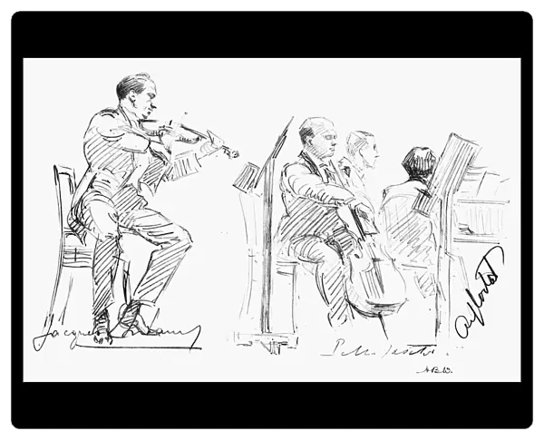 CHAMBER MUSICIANS, c1935. Jacques Thibaud, Pablo Casals, and Alfred Cortot. Pencil drawing, c1935, by Hilda Wiener
