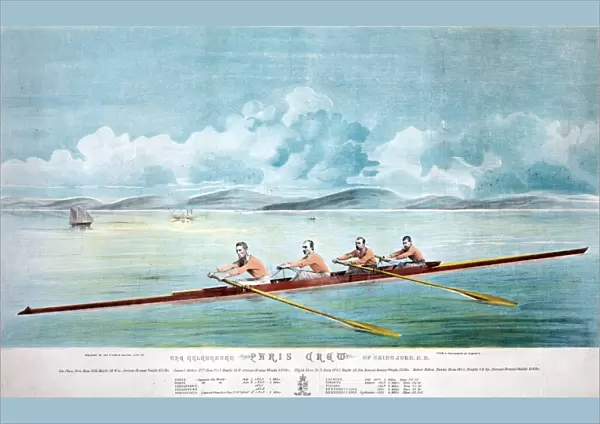 ROWING TEAM, c1875. The Paris Crew, a Canadian rowing team fron Saint John, New Brunswick, consisting of Robert Fulton, George Price, Samuel Hutton and Elijah Ross. Lithograph, Canadian, c1875