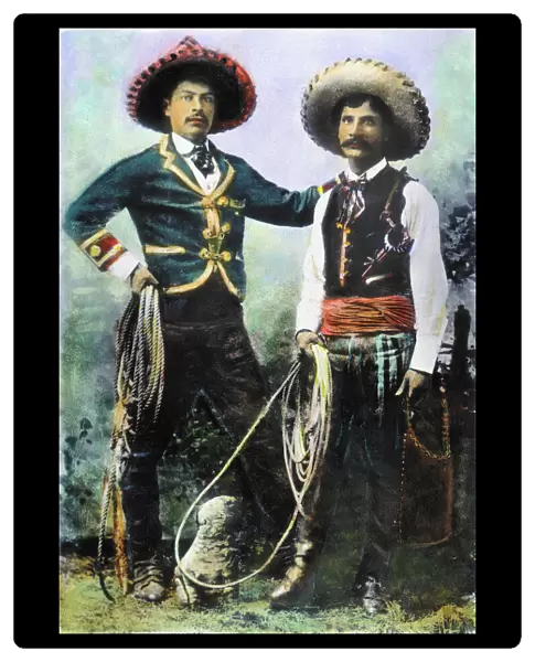 MEXICAN COWBOYS in one of Buffalo Bills Wild West Shows: oil over a photograph, c. 1900