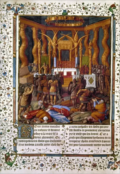 DEPORTATION OF JEWS. King Salmanazar V of Assyria taking ten tribes of Jews prisoners and deporting them from Samaria to Assyria, 721 B. C. Manuscript illumination, French, from Antiquites des Juifs by Jean Fouquet, (c1420-c1480) after Josephus
