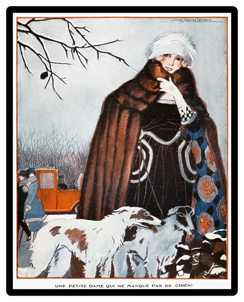 PARISIAN STYLE, 1921. Au Coin du Bois. A fashionable young Parisian and her dogs in the Bois de Boulogne. Illustration by Julien Jacques Leclerc from La Vie Parisienne, 1921