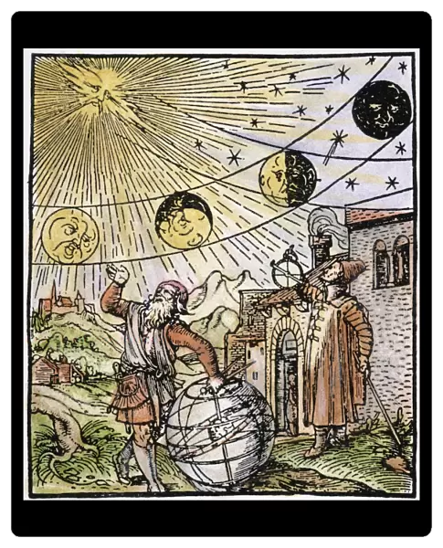 PHASES OF THE MOON. Woodcut designed by Hans Holbein the Younger from Sebastian Munsters Canones super novum instrumentum luminarium, Basel, 1534