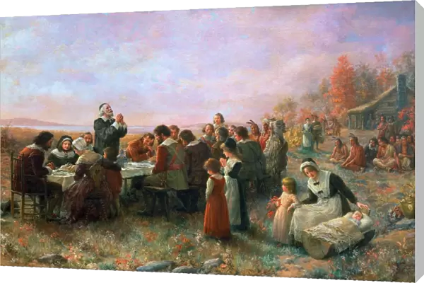 THE FIRST THANKSGIVING At Plymouth, Massachusetts. Oil on canvas, 1914, by Jennie A. Brownscombe