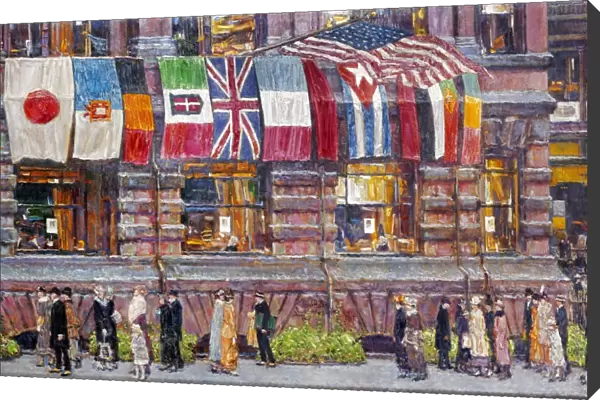 HASSAM: ALLIED FLAGS, 1917. Childe Hassam: Allied Flags, Union League Club. Oil on canvas, 1917. The man carrying a portfolio is the artist