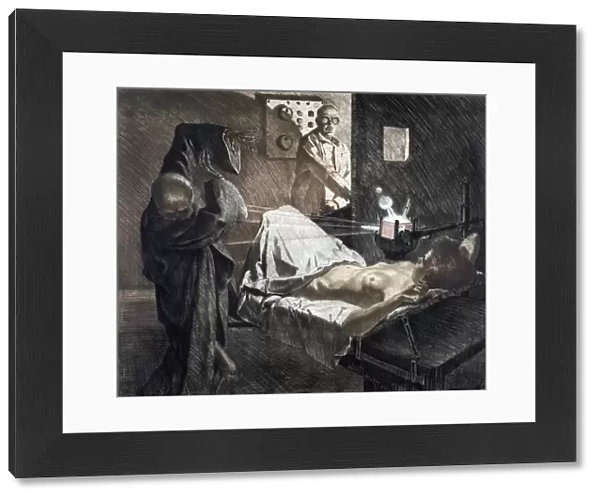 RADIOLOGIST, c1930. A radiologist using x-rays to repel Death, personified as a skeleton wearing a shroud, as it approaches a young woman on an operating table. Etching by Ivo Saliger, c1930
