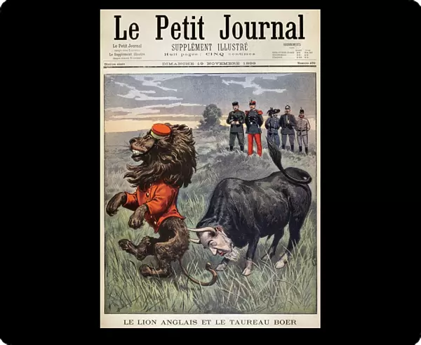 BOER WAR CARTOON, 1899. The English Lion and the Boer Bull. The Afrikaner bull, with the head of Paul Krueger, attacks the British lion. French cartoon from a November 1899 issue of Le Petit Journal