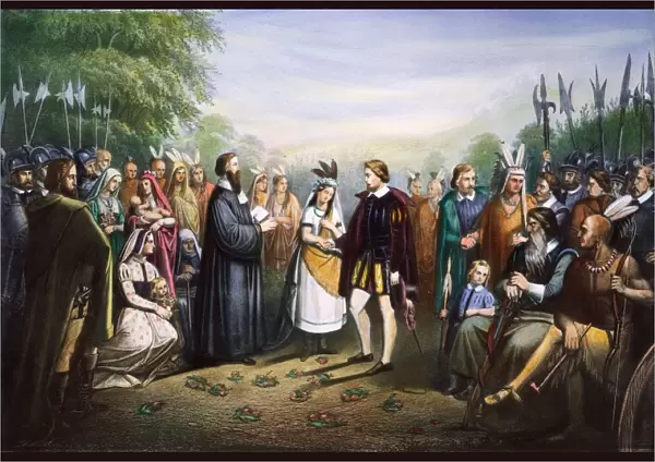 POCAHONTAS & JOHN ROLFE. The marriage of Pocahontas and John Rolfe at Jamestown, Virginia, in April 1614. Lithograph, 19th century