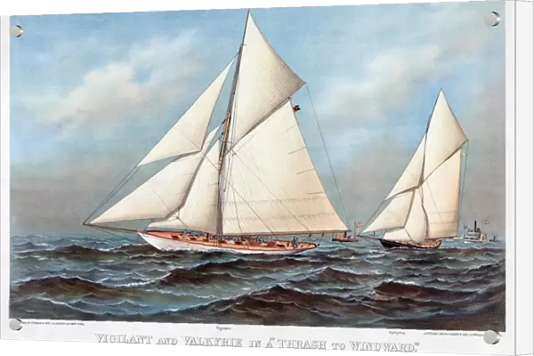AMERICAs CUP, 1883. The American winner, Vigilant with the British challenger Valkyrie in the eighth international race for the Americas Cup on October 7th, 9th & 13th, 1883. Color lithograph by Currier & Ives, c1883