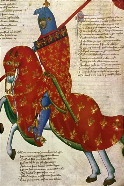 KNIGHT, 14th CENTURY. An armed knight of Prato. Manuscript illustration, Italian, 14th century