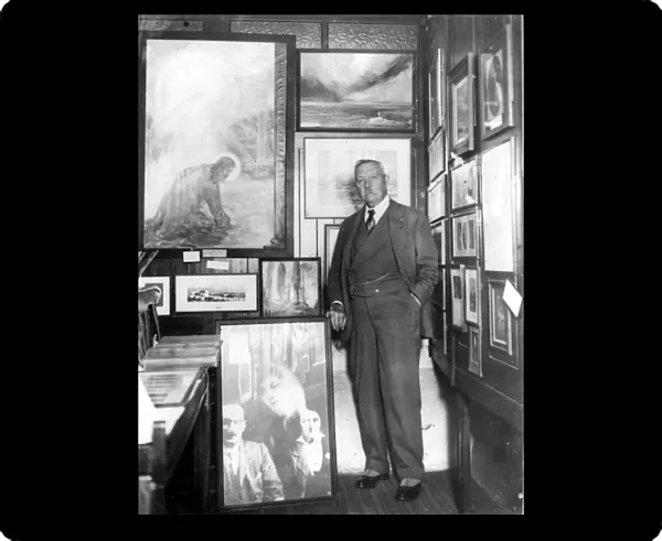 ARTHUR CONAN DOYLE (1859-1930). British physician and writer. Photographed in 1928 amidst his psychic pictures in his psychic museum in London