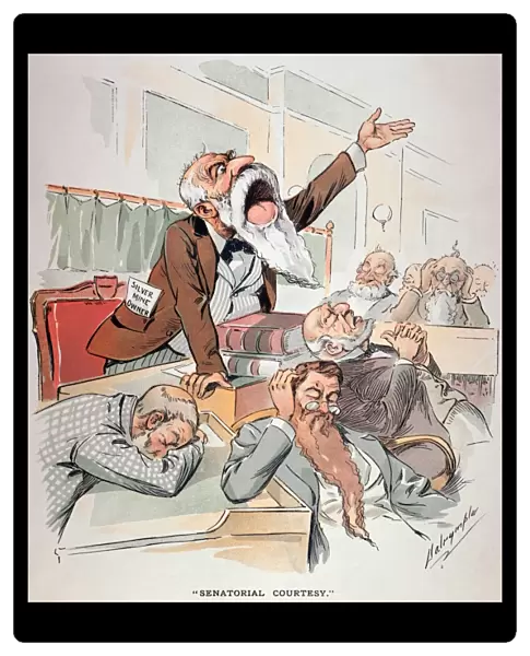 SENATE CARTOON, FREE SILVER. Senatorial Courtesy. U. S. Senator making an impassioned and ignored plea for Free Silver one month after repeal of the Sherman Silver Purchase Act. American cartoon by Louis Dalrymple, 1893
