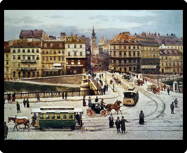 VIENNA: FERDINANDSBREUCKE. View of the Ferdinandsbreucke (Ferdinands Bridge), Vienna, in winter. Oil on canvas by Franz Poledne (1873-1932)