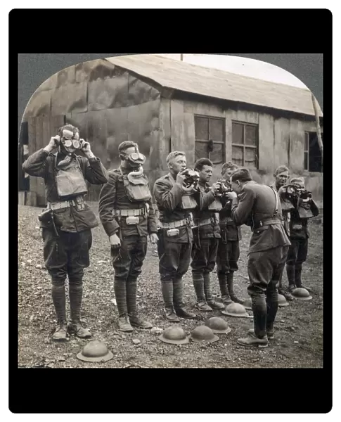 WORLD WAR I: GAS MASKS. American soldiers in France during World War I learning how to use gas masks. Stereograph, 1918